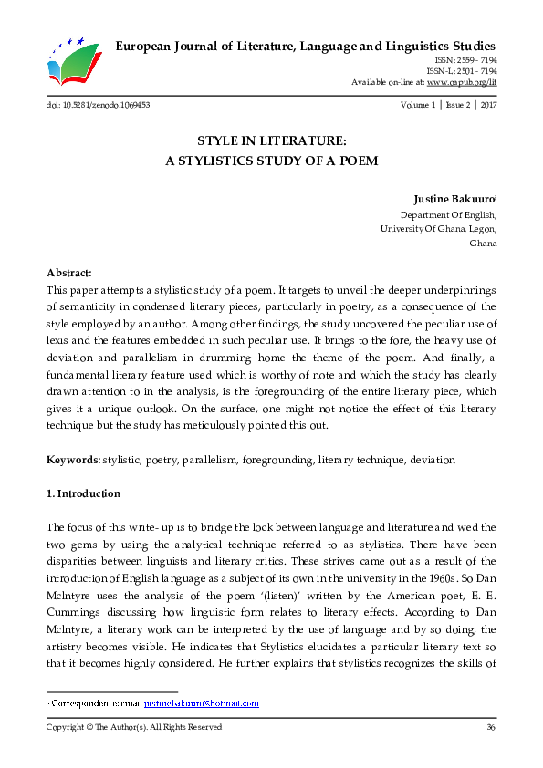 (PDF) Style in Literature: A Stylistics Study of a Poem
