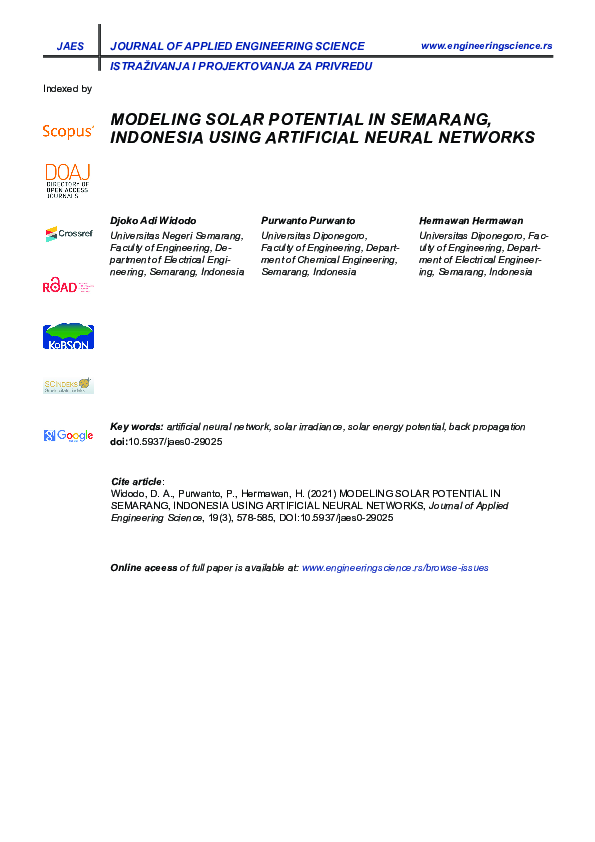 (PDF) Modeling solar potential in Semarang, Indonesia using artificial ...