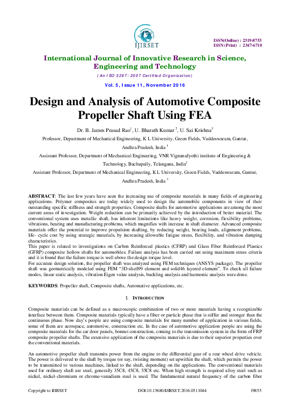 (PDF) Design and analysis of automotive composite propeller shaft using fea