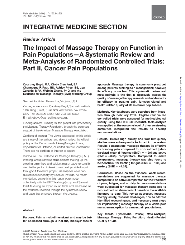 (PDF) The Impact of Massage Therapy on Function in Pain Populations—A ...