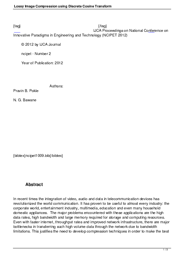 (PDF) Lossy Image Compression using Discrete Cosine Transform
