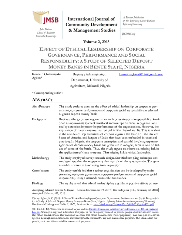 (PDF) Effect of Ethical Leadership on Corporate Governance, Performance ...