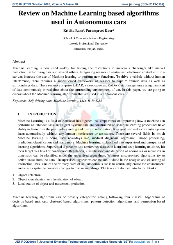 (PDF) Review on Machine Learning Based Algorithms Used in Autonomous Cars