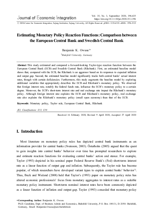 (PDF) Estimating Monetary Policy Reaction Functions: Comparison between ...