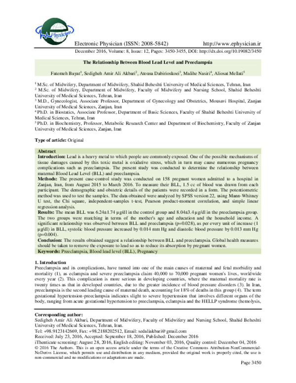 (PDF) The Relationship Between Blood Lead Level and Preeclampsia