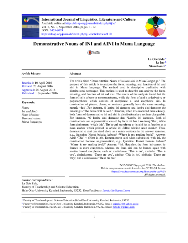 (PDF) Demonstrative Nouns of INI and AINI in Muna Language