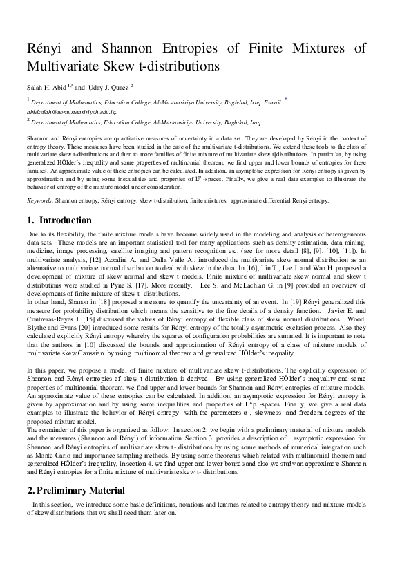 (PDF) Renyi and Shannon Entropies of Finite Mixtures of Multivariate ...