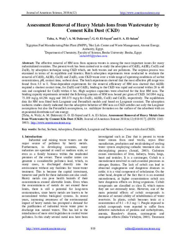 (PDF) Assessment Removal of Heavy Metals Ions from Wastewater by Cement ...