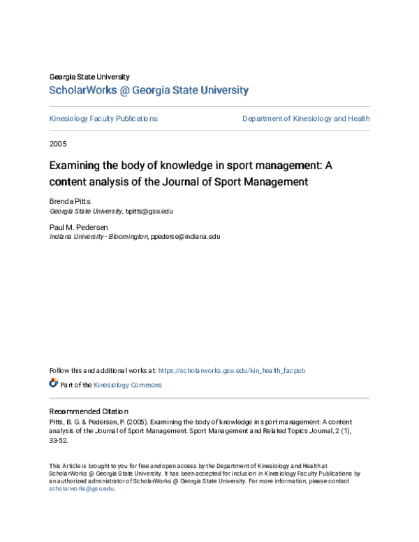 (PDF) Examining the Body of Knowledge in Sport Management A