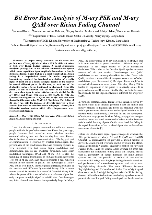 (PDF) Bit Error Rate Analysis of M-ARY PSK and M-ARY QAM Over Rician ...