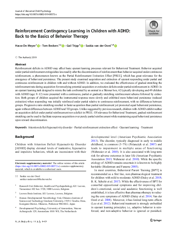 (PDF) Reinforcement Contingency Learning in Children with ADHD: Back to ...