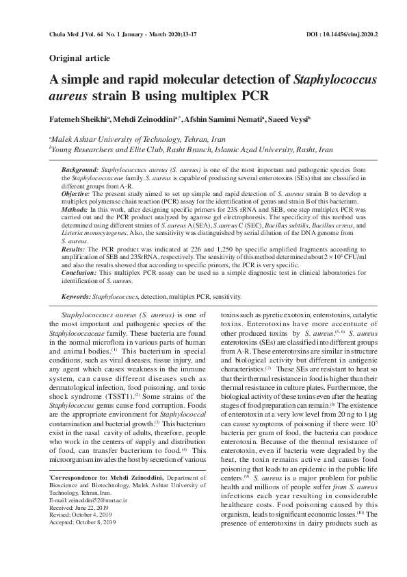 (PDF) A simple and rapid molecular detection of Staphylococcus aureus ...
