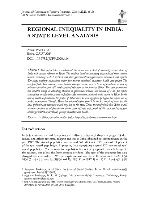 (PDF) Regional Inequality in India: A State Level Analysis