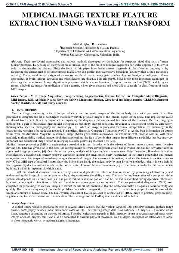 (PDF) Medical Image Texture Feature Extraction Using Wavelet Transform