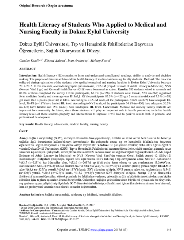 (PDF) Health Literacy of Students Who Applied to Medical and Nursing ...