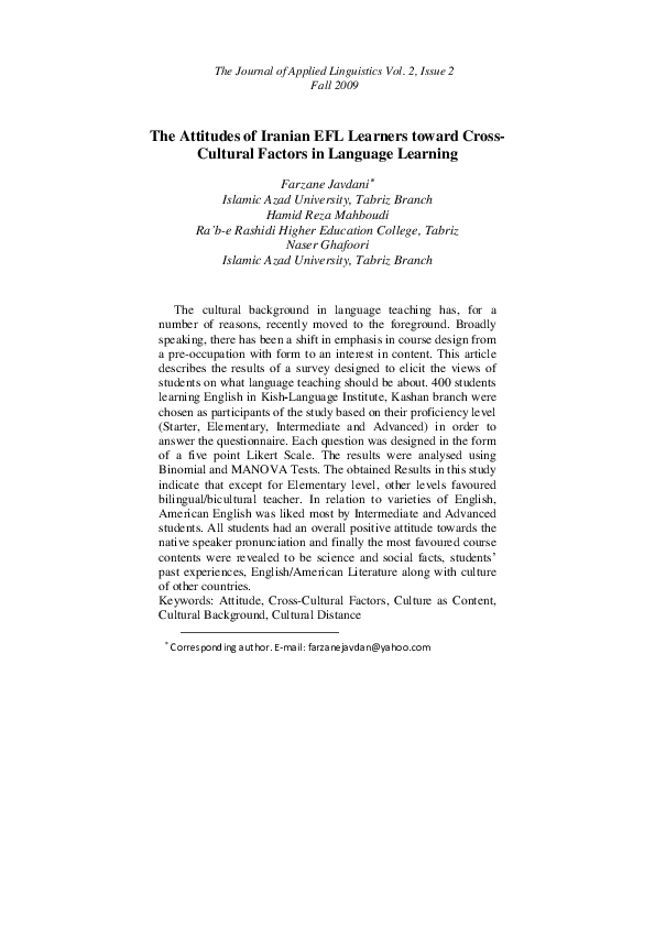 (PDF) The Attitudes of Iranian Efl Learners Toward Cross-Cultural ...