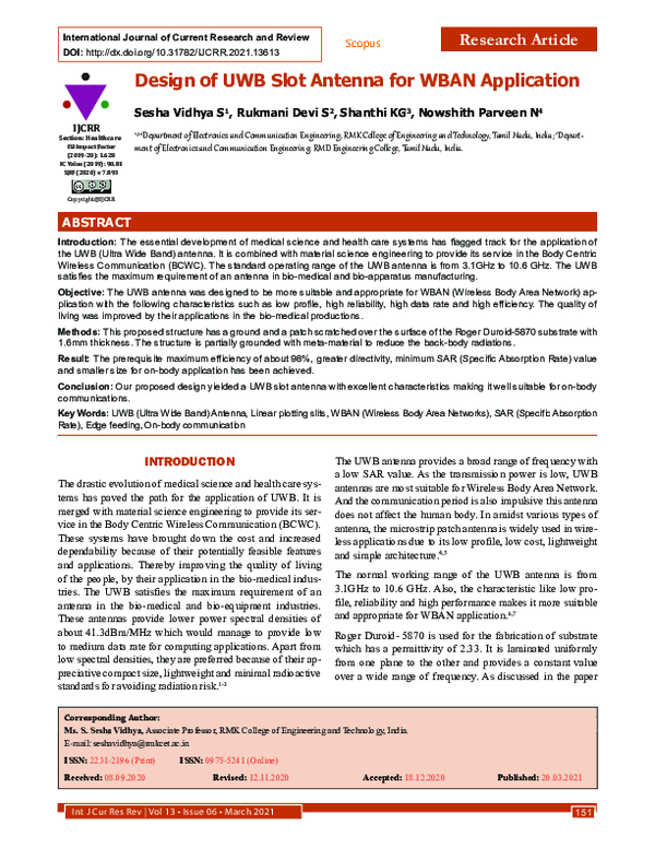 (PDF) Design of UWB Slot Antenna for WBAN Application