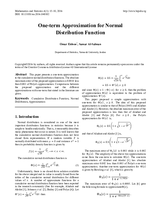 (PDF) One-term Approximation for Normal Distribution Function