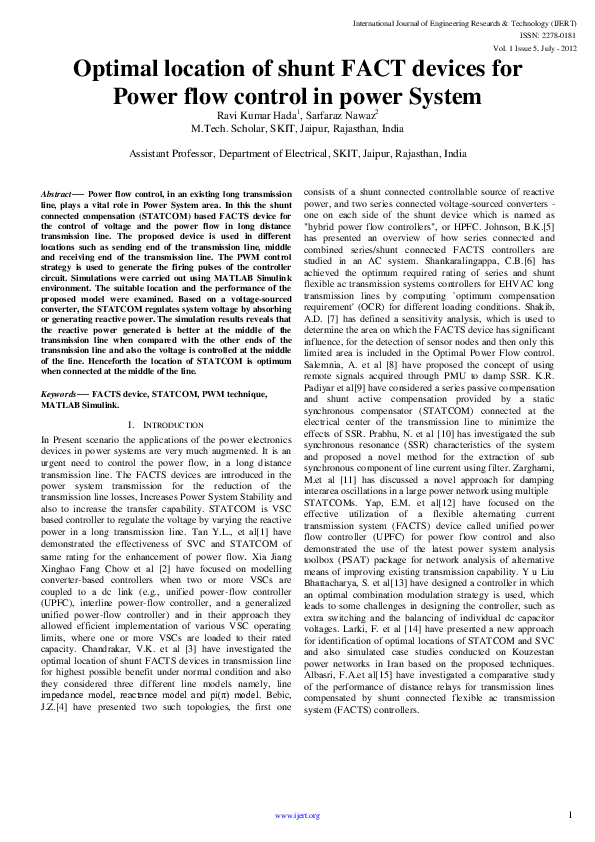 (PDF) Optimal location of shunt FACT devices for Power flow control in ...
