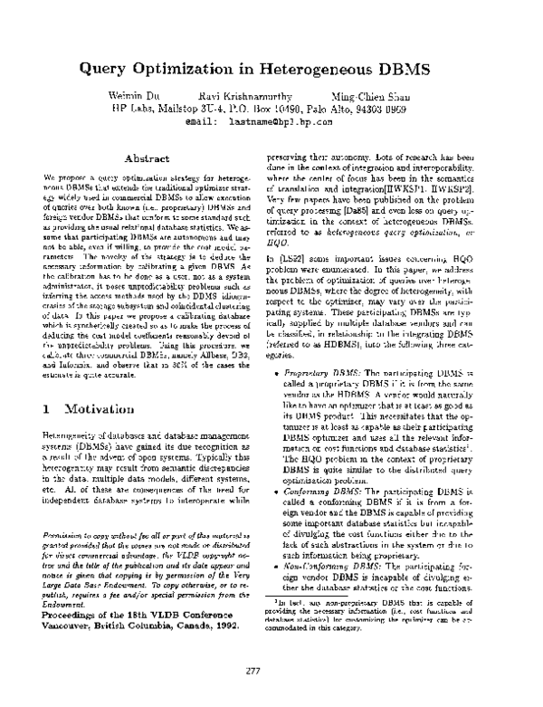 (PDF) Query Optimization in a Heterogeneous DBMS