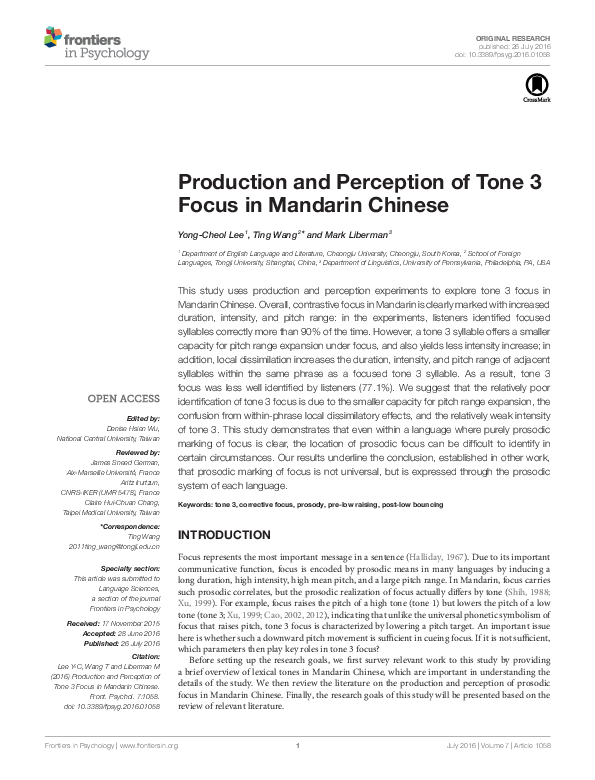 (PDF) Production and Perception of Tone 3 Focus in Mandarin Chinese