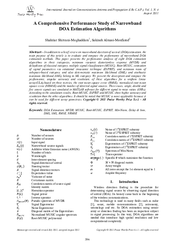 (PDF) A Comprehensive Performance Study of Narrowband DOA Estimation ...