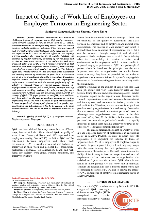 (PDF) Impact of Quality of Work Life of Employees on Employee Turnover ...