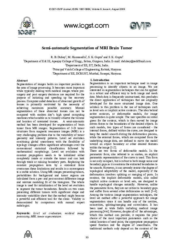 (PDF) Semi-automatic Segmentation of MRI Brain Tumor