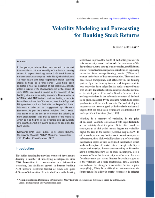 (PDF) Volatility Modeling and Forecasting for Banking Stock Returns