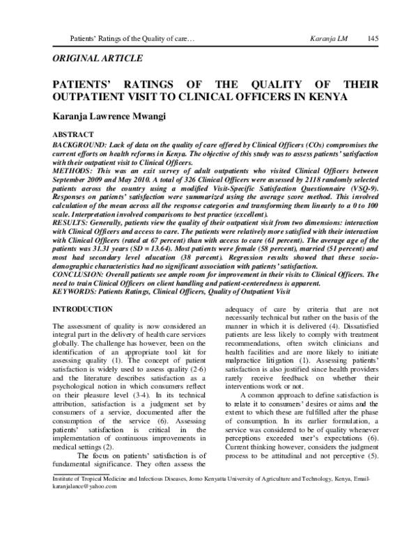 (PDF) Patients' Ratings of the Quality of their Outpatient Visit to ...