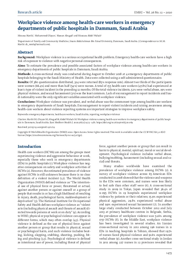 (PDF) Workplace violence among health care workers in emergency ...