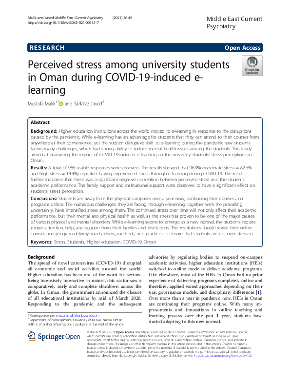 (PDF) Perceived stress among university students in Oman during COVID ...