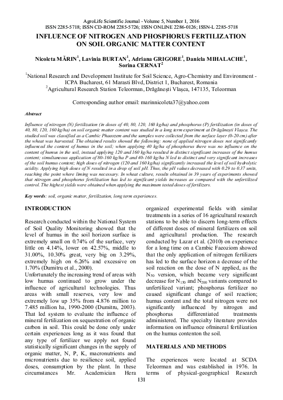 (PDF) Influence of Nitrogen and Phosphorus Fertilization on Soil ...