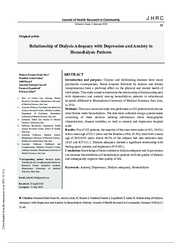(PDF) Relationship of Dialysis Adequacy with Depression and Anxiety in ...
