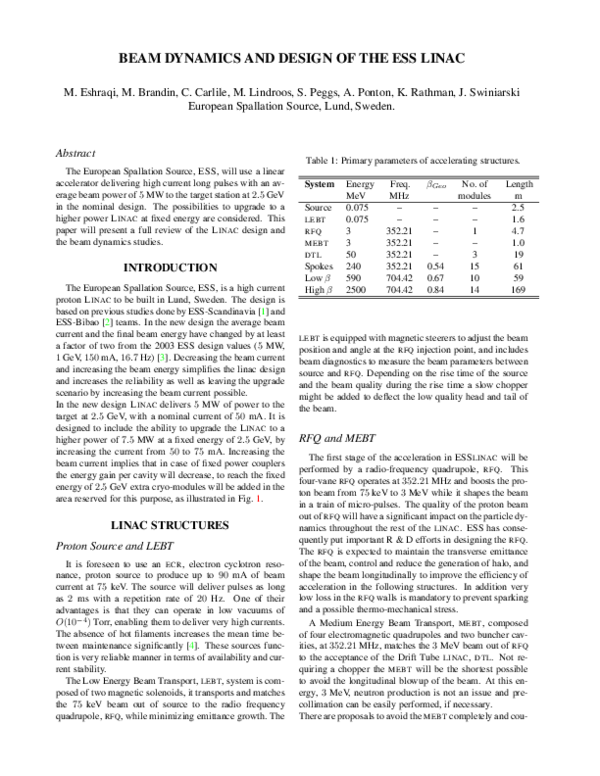 (PDF) Beam Dynamics and Design of the Ess Linac