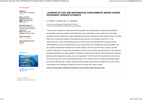 (PDF) Learning Styles and Mathematics Achievements Among Higher ...