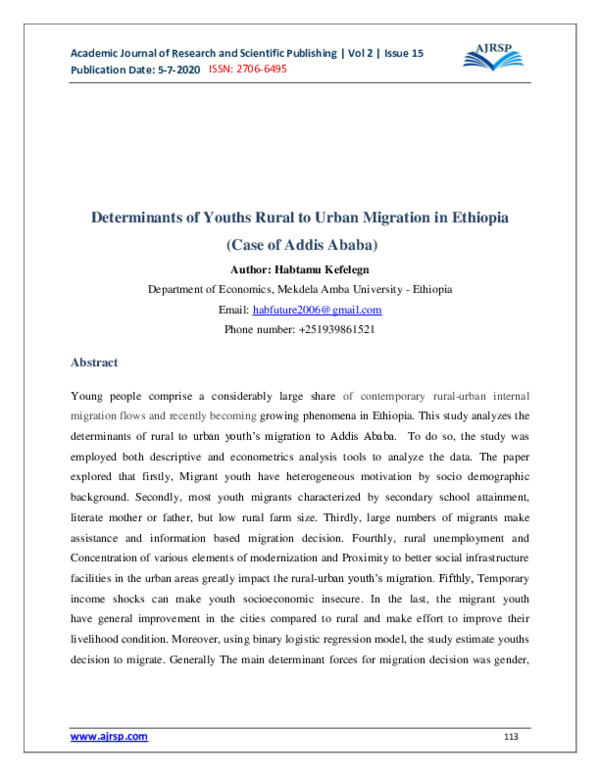 (PDF) Determinants of Youths Rural to Urban Migration in Ethiopia (Case ...