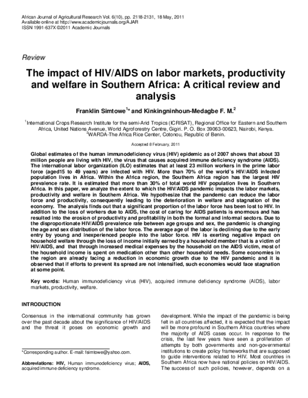(PDF) The impact of HIV/AIDS on labor markets, productivity and welfare ...