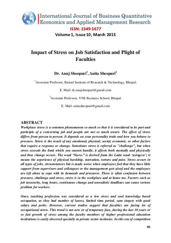 (PDF) Impact of Stress on Job Satisfaction and Plight of Faculties
