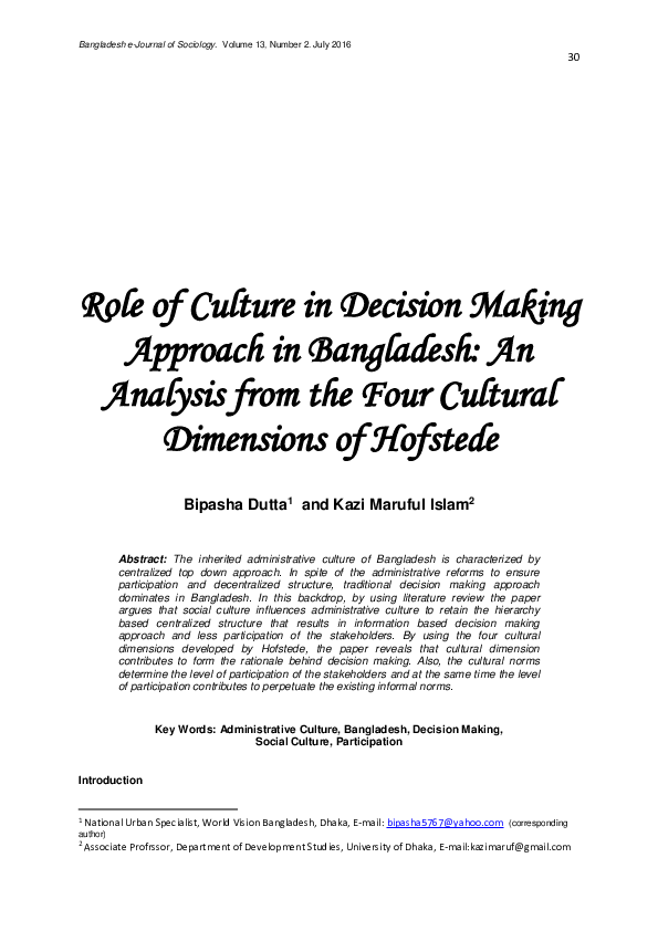 (PDF) Role of Culture in Decision Making Approach in Bangladesh : An ...