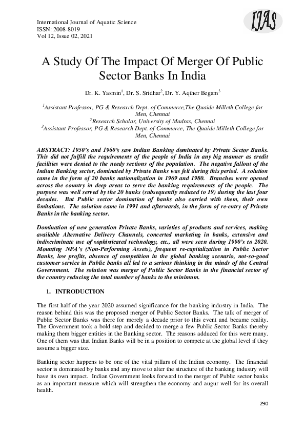 (PDF) A Study Of The Impact Of Merger Of Public Sector Banks In India
