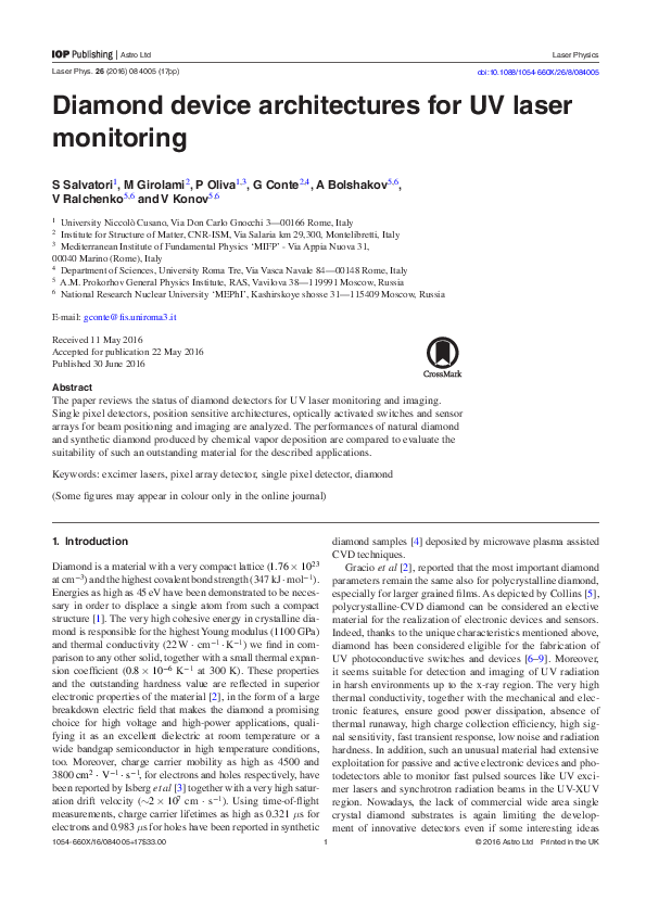 (PDF) Diamond device architectures for UV laser monitoring