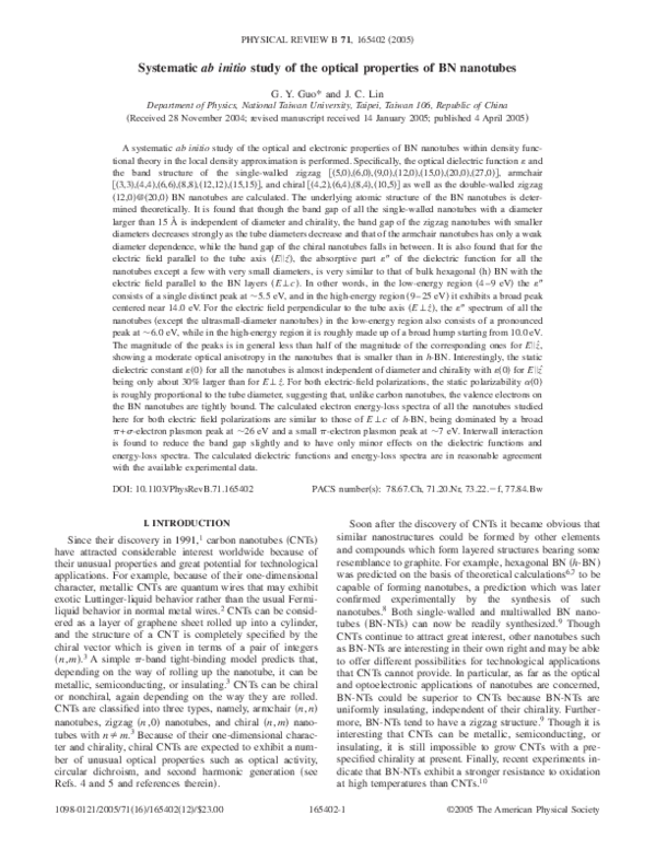 (PDF) Systematic ab initio study of the optical properties of BN nanotubes