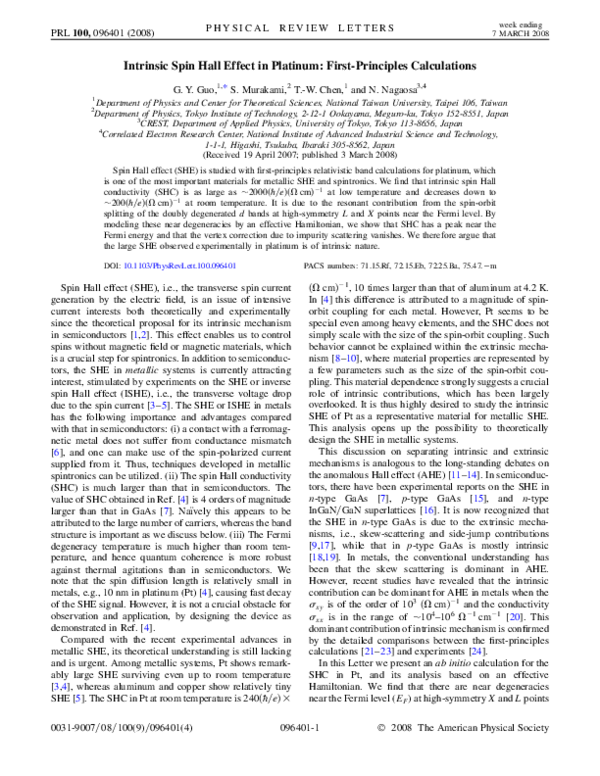 (PDF) Intrinsic spin Hall effect in platinum: First-principles calculations