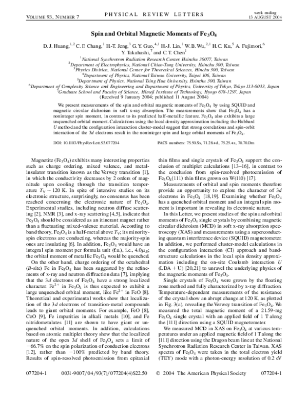 (PDF) Spin and Orbital Magnetic Moments of Fe_{3}O_{4}