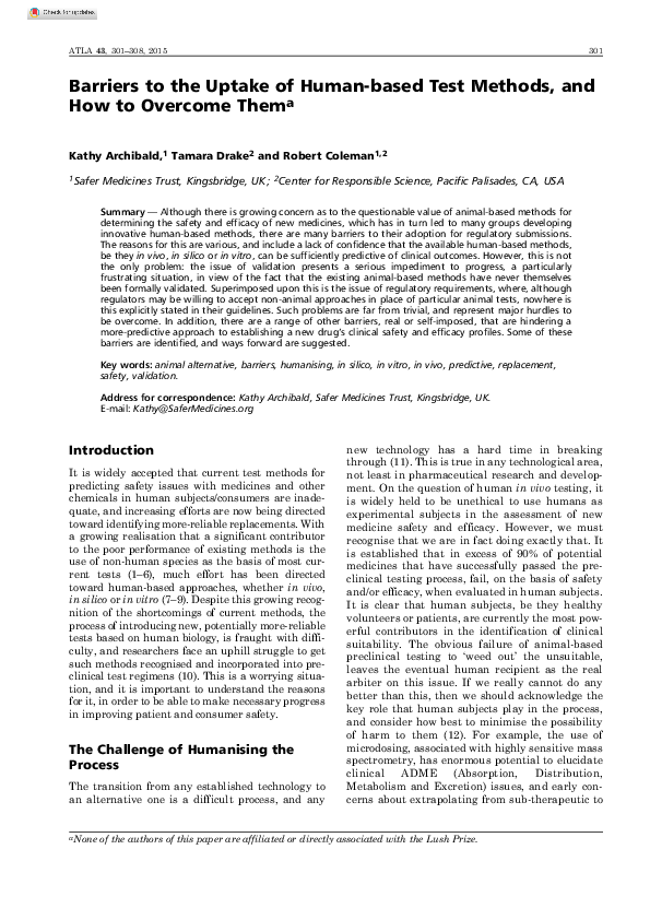 (PDF) Barriers to the Uptake of Human-based Test Methods, and How to ...