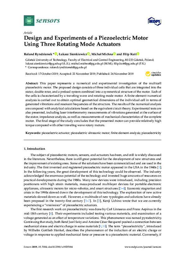 (PDF) Design and Experiments of a Piezoelectric Motor Using Three ...