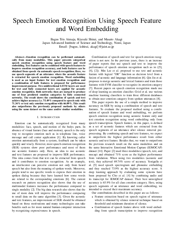 (PDF) Speech Emotion Recognition Using Speech Feature and Word Embedding