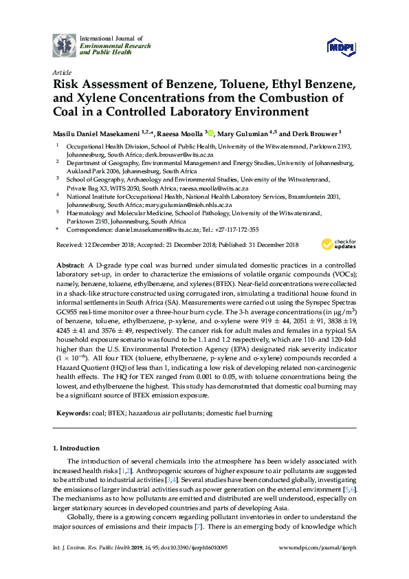 (PDF) Risk Assessment of Benzene, Toluene, Ethyl Benzene, and Xylene ...