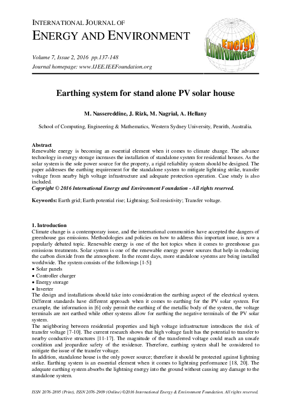 (PDF) Earthing system for stand alone PV solar house